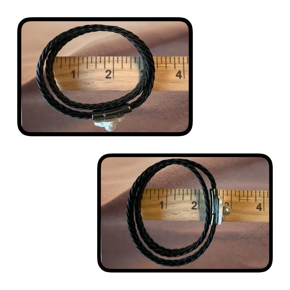 Black Braided Bracelet with Black & White Camellia Flower Charm - Picture 9 of 11